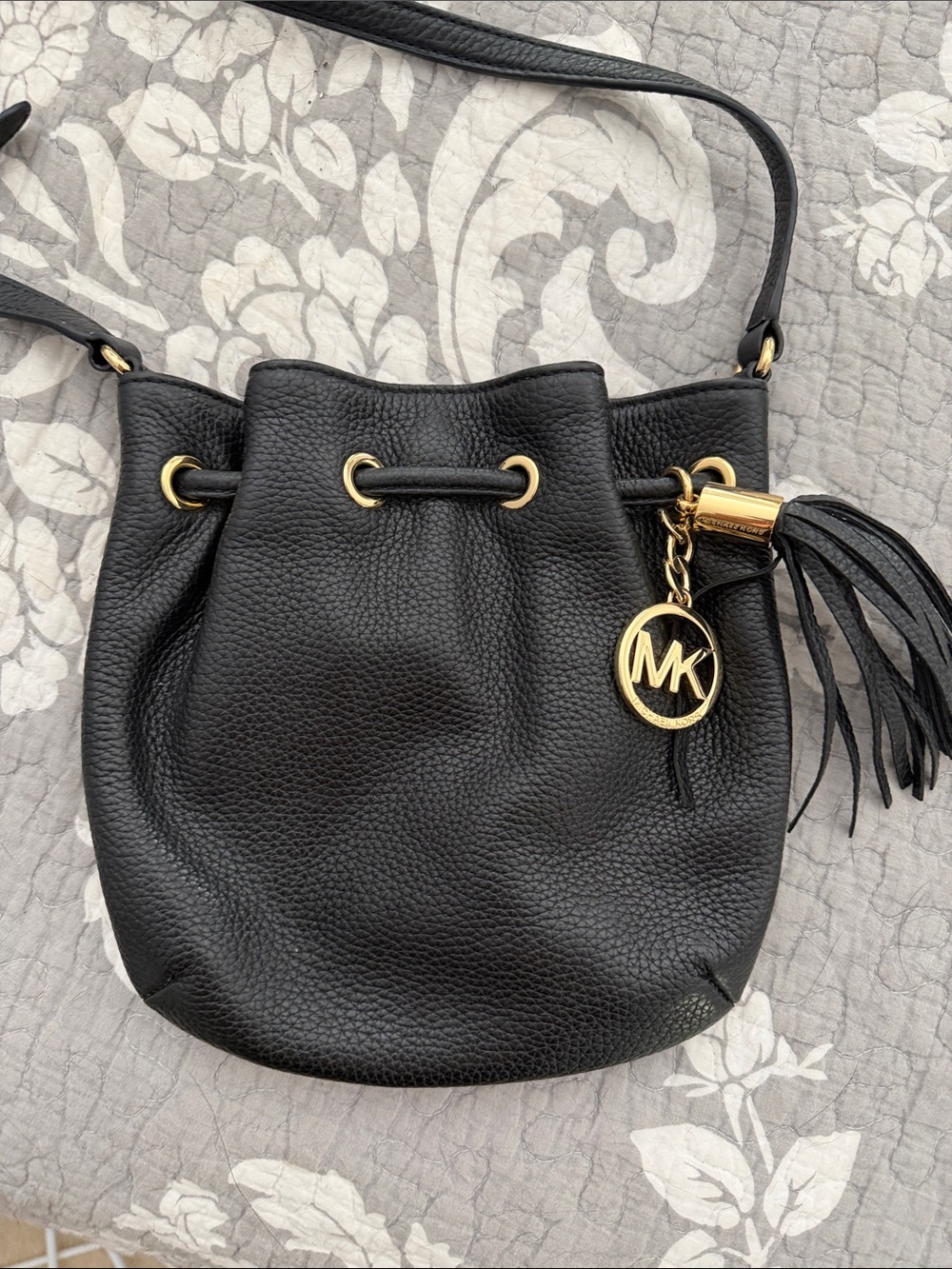 Michael Kors Black Pebbled Leather Tassel Drawstring Crossbody